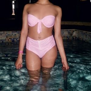 Two piece pink and white polka dot swim